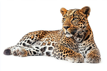 Fototapeta premium A majestic leopard rests gracefully on white background, showcasing its stunning coat of spots and powerful physique. This captivating image highlights beauty and elegance of this magnificent big cat