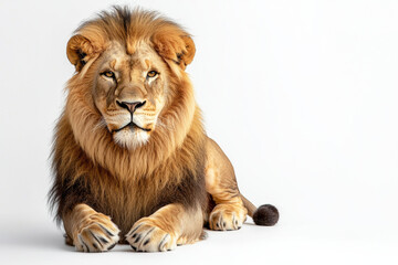 Obraz premium Majestic lion with thick mane resting on white background, exuding strength and grace. This powerful animal captivates with its intense gaze and regal posture