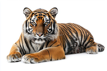 Fototapeta premium A majestic tiger rests gracefully on white background, showcasing its striking orange and black stripes. Its intense gaze and powerful presence evoke sense of awe and admiration
