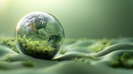 Tiny Earth encased in a glass sphere located in the lower-left of a green pastel background, leaving the right side open with a clean 3D look and soft textures