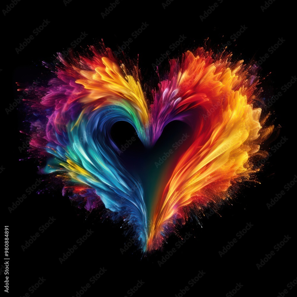 Poster Rainbow heart fire flame backgrounds pattern black background.