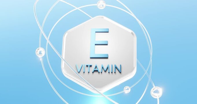 inscription vitamin E inside hexagon with rotating orbits and electrons, dietary supplement tocopherol, 3d rendering on blue background