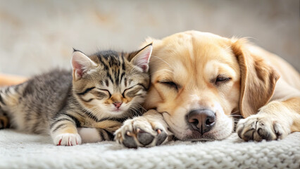 A small tabby cat and a golden retriever dog lie next to each other on a soft blanket, both looking relaxed and content in a cozy indoor setting