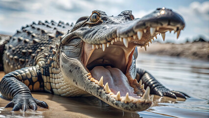 Obraz premium A large crocodile rests on the riverbank, its mouth wide open, revealing sharp teeth. The creature displays its rugged skin while sunbathing in the warm afternoon light