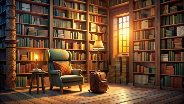 A cozy library corner features a towering bookstack with a library card visible, accompanied by a small cartoon-themed backpack and a quieter reading nook.