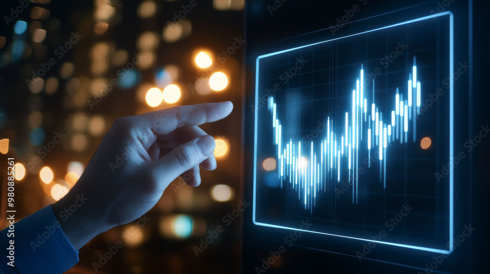 Poster a close-up of a hand pointing at a digital graph on a screen, illustrating data trends in a modern, 