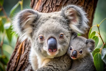 Obraz premium Soft, fluffy fur envelops a tiny life, a baby koala's inquisitive face poking out from its mother's pouch.