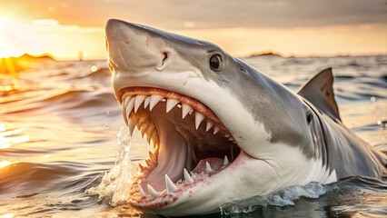 Naklejka premium A great white shark surfaces dramatically, mouth wide open, revealing sharp teeth against a stunning sunset backdrop over the ocean. The scene captures the raw power of this apex predator