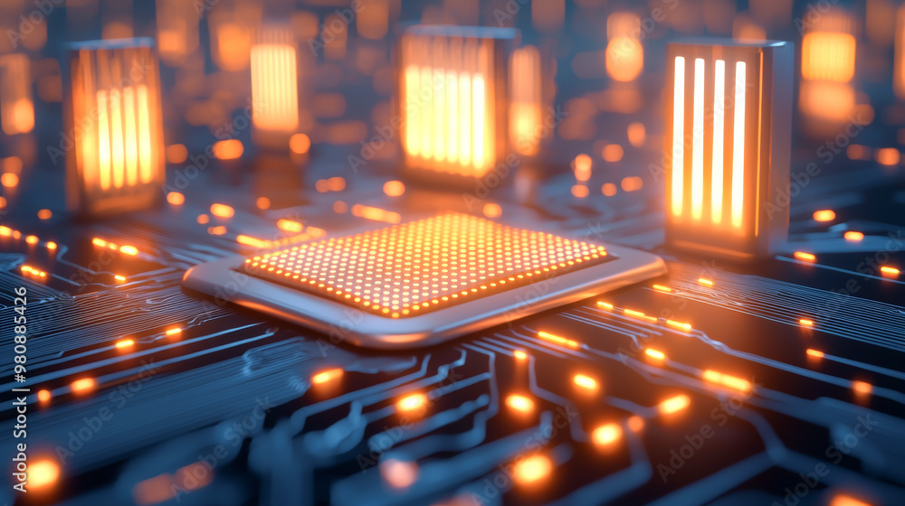 Poster a close-up view of a glowing microchip on a circuit board, showcasing advanced technology and intric