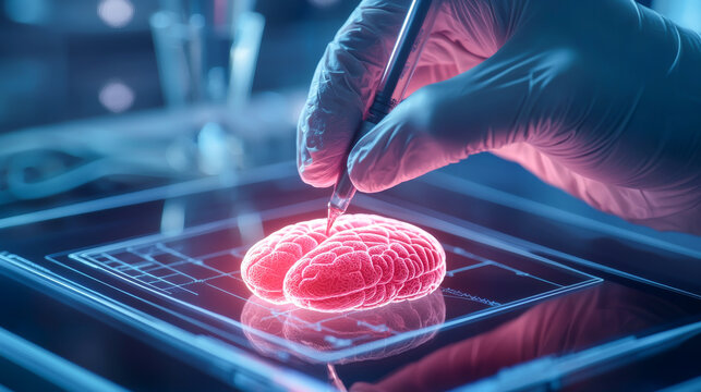 A close-up view of a scientist's hand manipulating a holographic brain model in a high-tech lab environment.