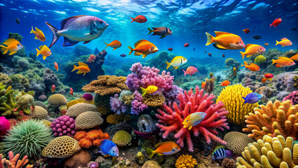 A lively underwater scene showcases a rich coral reef flourishing with various vividly colored fish swimming around. The sunlight penetrates the clear water, enhancing the vibrant colors