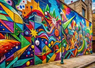 Obraz premium Vibrant graffiti art featuring colorful abstract shapes and urban patterns splashed across a city wall, conveying creativity and rebellious energy.
