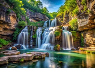 Obraz premium Stunning natural rock formations and cascading waterfalls in an enchanting canyon setting