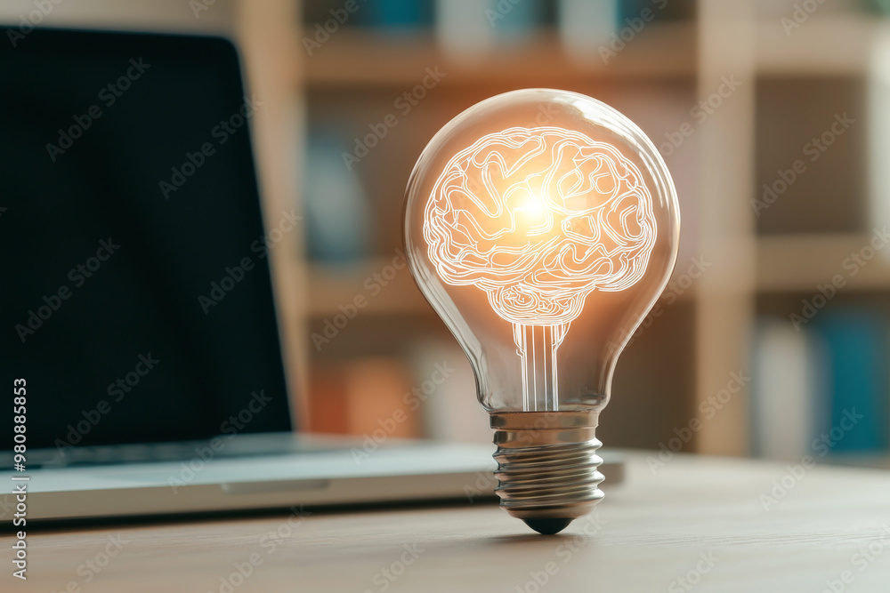 Poster a creative light bulb with a brain design, symbolizing idea generation and innovation in a modern wo