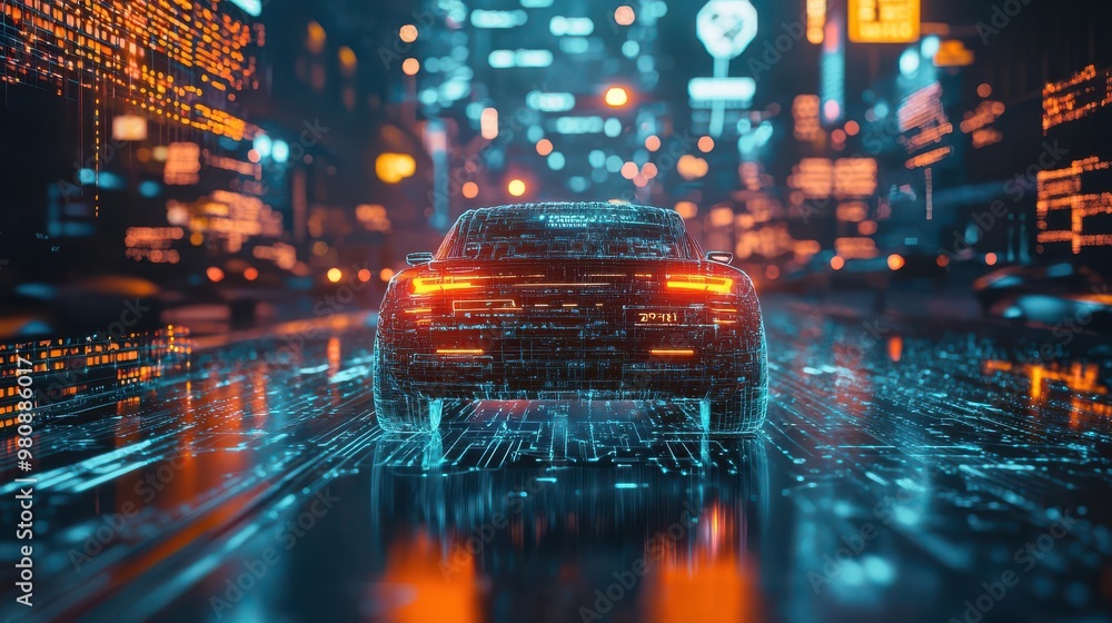Poster autonomous vehicle navigating a cityscape using advanced ai-powered systems