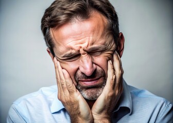 The man's face contorts with intense pain, his eyes squeezed shut in a grimace as discomfort radiates across