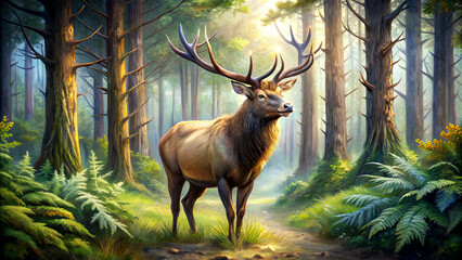 Fototapeta premium A regal stag with impressive antlers stands gracefully in a tranquil forest, bathed in the soft light of dawn, surrounded by lush ferns and tall trees
