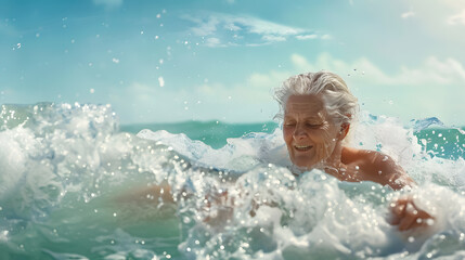 Active mature woman bathing in the sea in the morning