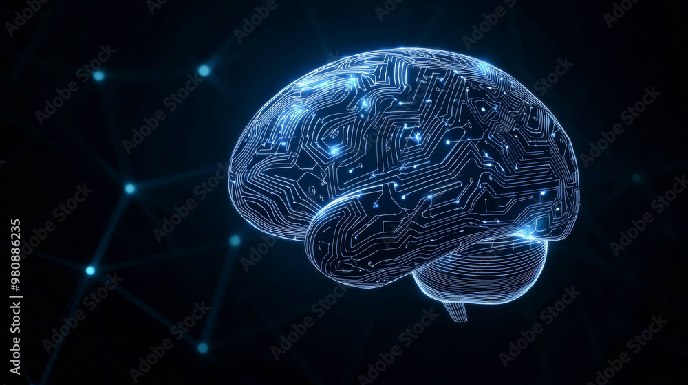 Poster a digital representation of a brain with circuitry, symbolizing technology, intelligence, and innova