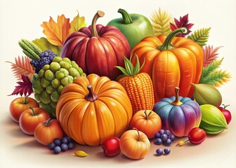 Vibrant illustration of autumn harvest fruits and vegetables, showcasing apples, pumpkins, carrots, and grapes in a colorful and stylized arrangement, perfect for seasonal designs.