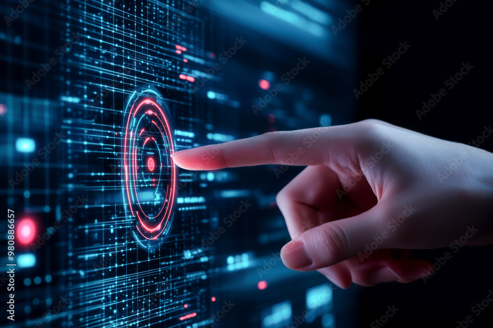 Poster a futuristic interface with a hand reaching out to touch a digital button, representing technology a