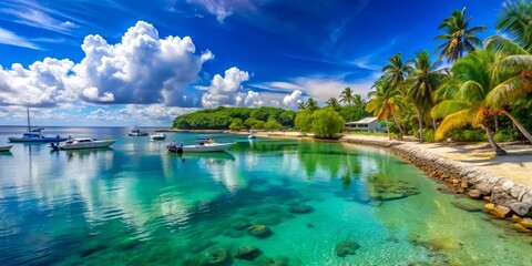 bright blue skies overhead, lush greenery nearby, and crystal clear waters lapping at the shore.