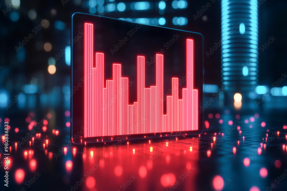Poster a glowing bar chart on a digital screen, showcasing data analysis in a futuristic environment with v