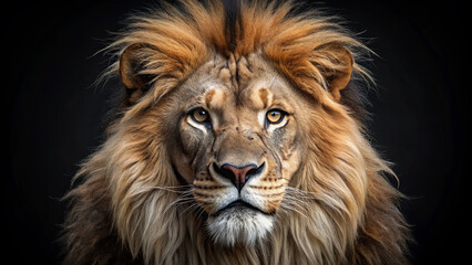 Fototapeta premium A powerful lion, displaying a magnificent mane, looks directly at the viewer with piercing eyes. The dark background enhances its regal presence and fierce expression