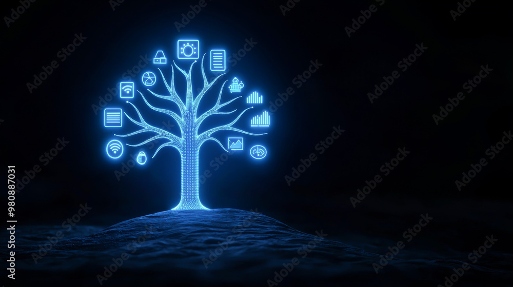 Poster a glowing digital tree symbolizing technology and connection, with icons representing various online