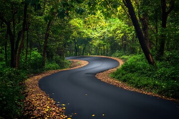 Fototapeta premium A winding asphalt road through a lush forest.