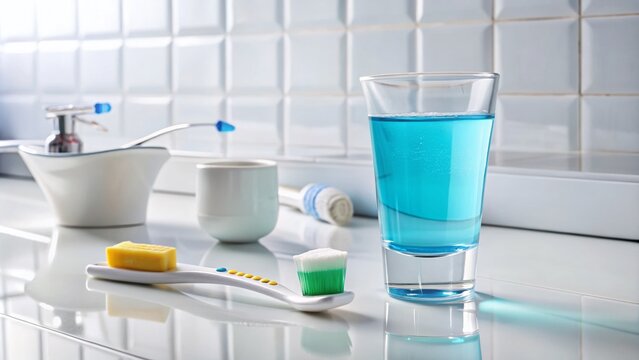 Freshly squeezed toothpaste on a white bathroom counter, surrounded by a toothbrush, dental floss, and a small water