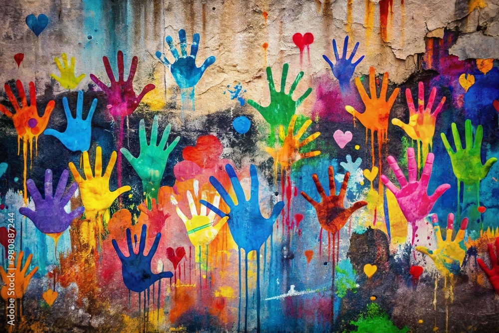 Poster vibrant splashes of color dance across a distressed urban wall, blending abstract shapes and bold gr