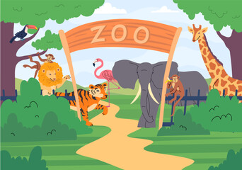 Cartoon Color Zoo Park Entrance with Safari Animals Concept Flat Design Style. Vector illustration of Elephant, Giraffe, Lion, Flamingo and Monkey on Territory © bigmouse108