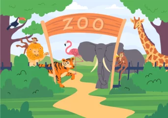 Fototapeten Zoo Cartoon Color Zoo Park Entrance with Safari Animals Concept Flat Design Style. Vector illustration of Elephant, Giraffe, Lion, Flamingo and Monkey on Territory  © bigmouse108