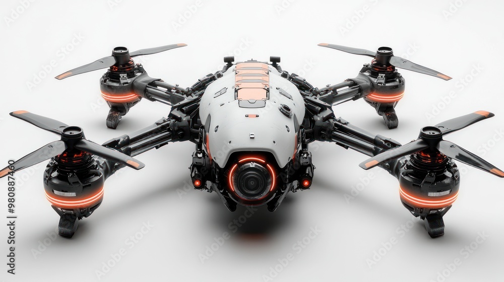Poster advanced drone with multiple rotors and a high-resolution camera.