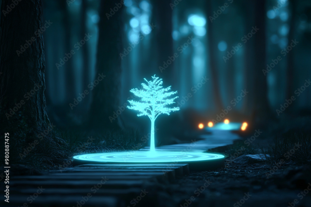 Poster a glowing tree stands in a dark forest, illuminated by ethereal light, creating a mystical and seren