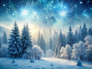 Fototapeta premium Frozen winter wonderland scene with snowflakes gently falling on a serene forest landscape, trees heavily laden with