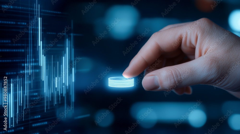 Poster a hand interacting with a digital interface, showcasing futuristic technology and data visualization