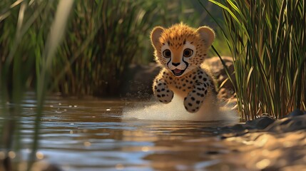 illustration of a cute baby cheetah playing near a watering hole surrounded by tall grass