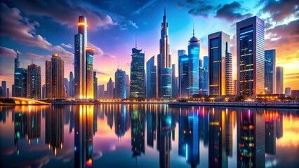 Obraz premium Futuristic cityscape at dusk, sleek skyscrapers and neon lights reflecting in the water, advanced technology and