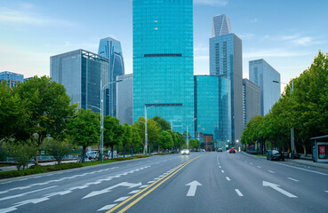 Urban roads and office buildings in the financial district, Hangzhou, China