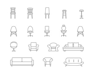 Chair and Sofa Sign Black Thin Line Icon Set Home Furniture Interior Concept . Vector illustration of Icons