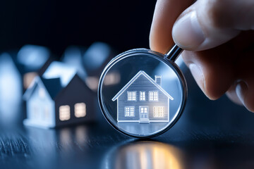 A hand holds a magnifying glass over a house symbol, representing real estate search and property investment.