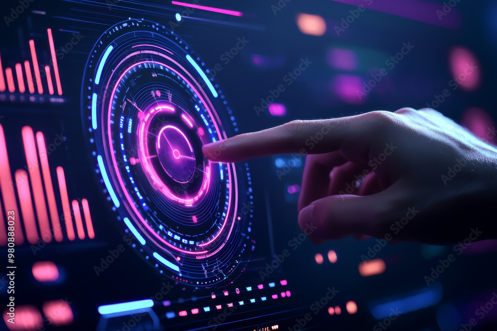 Poster a hand interacts with a futuristic touchscreen interface featuring vibrant neon graphics and circula