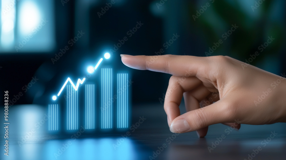 Poster a hand pointing at a digital graph, symbolizing growth and success in business. ideal for finance an