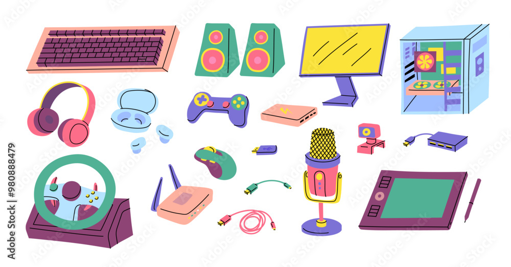 Aufkleber cartoon color different computer accessories set concept flat design style include of mouse, keyboar