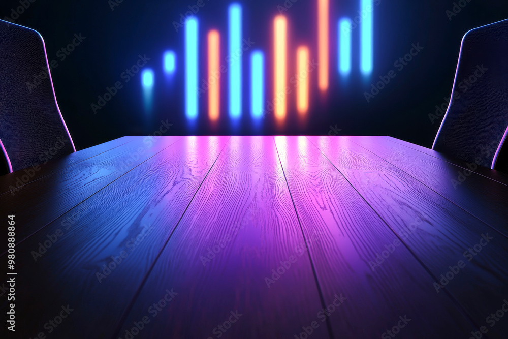 Poster a modern conference table with colorful led lights in the background, creating a vibrant and profess