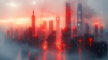 Obraz premium A futuristic city skyline shrouded in red fog, with glowing lights reflecting on the water.