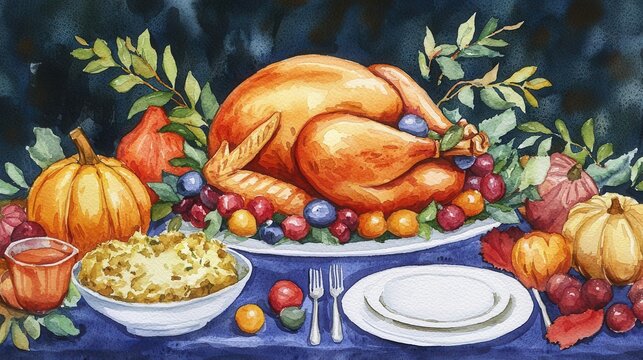 Watercolors A beautifully arranged Thanksgiving feast featuring a roasted turkey, colorful sides, and vibrant autumn decorations.