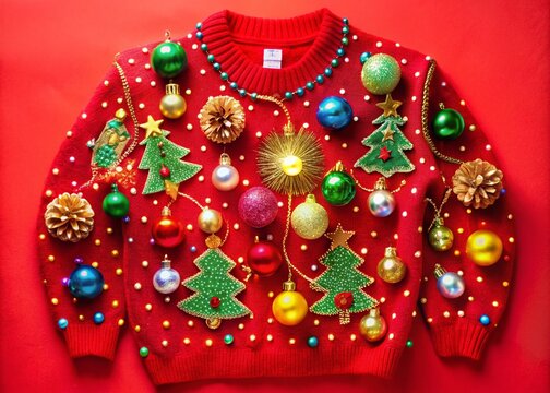 Glitzy, garish, and utterly tacky holiday sweater featuring flashy lights, pom-poms, and gaudy ornaments on a bright